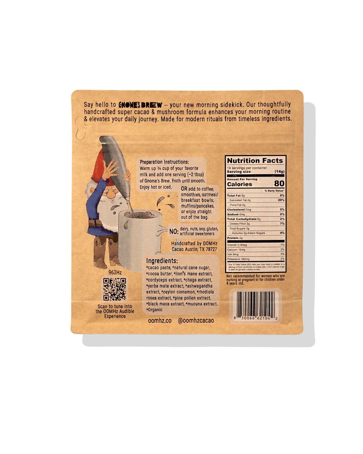 Rear of the Gnome’s Brew drinking chocolate pouch with Mycilio’s illustrated preparation ritual