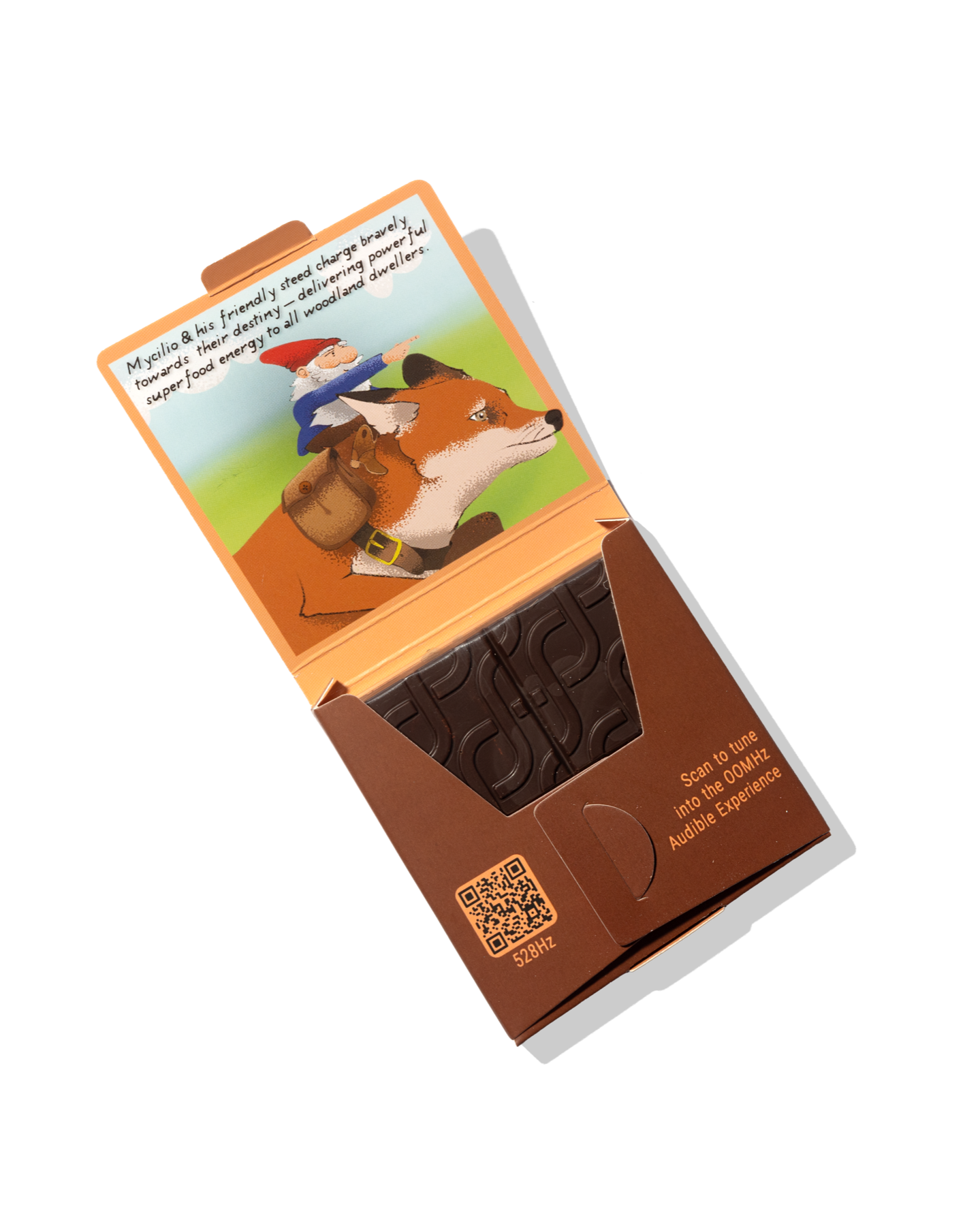Open Recharge chocolate box revealing Mycilio’s illustrated adventure