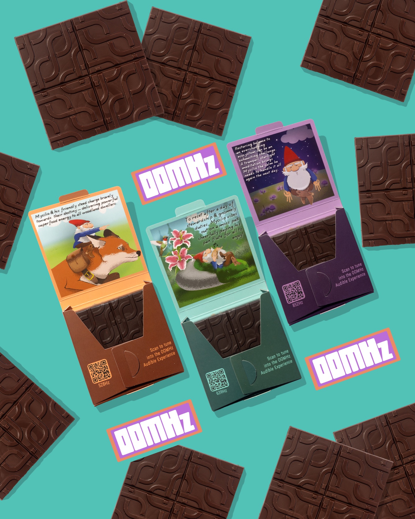 Three OOMHz boxes opened to reveal illustrated scenes