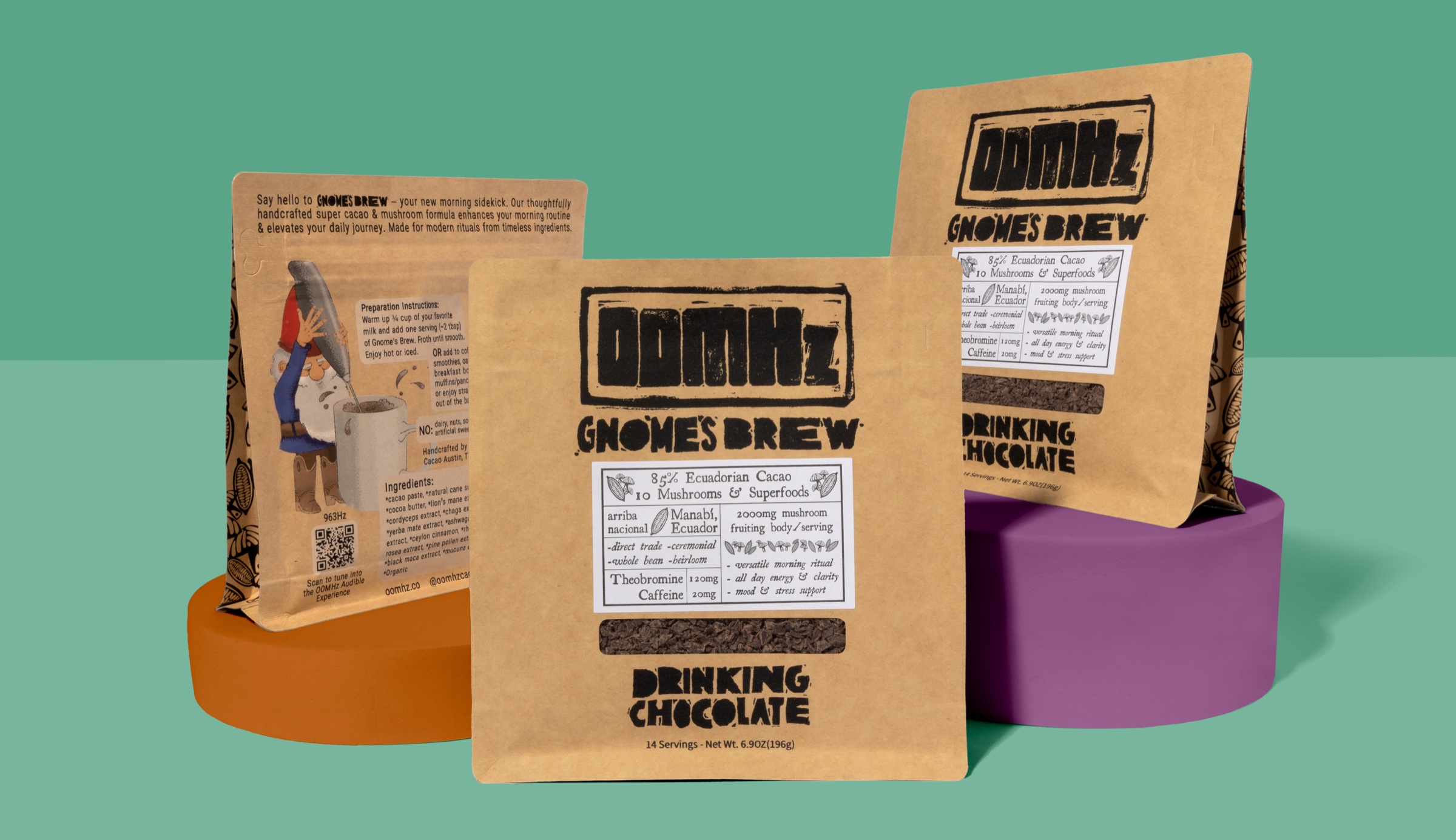 Three Gnome’s Brew drinking chocolate pouches showing the front and back packaging