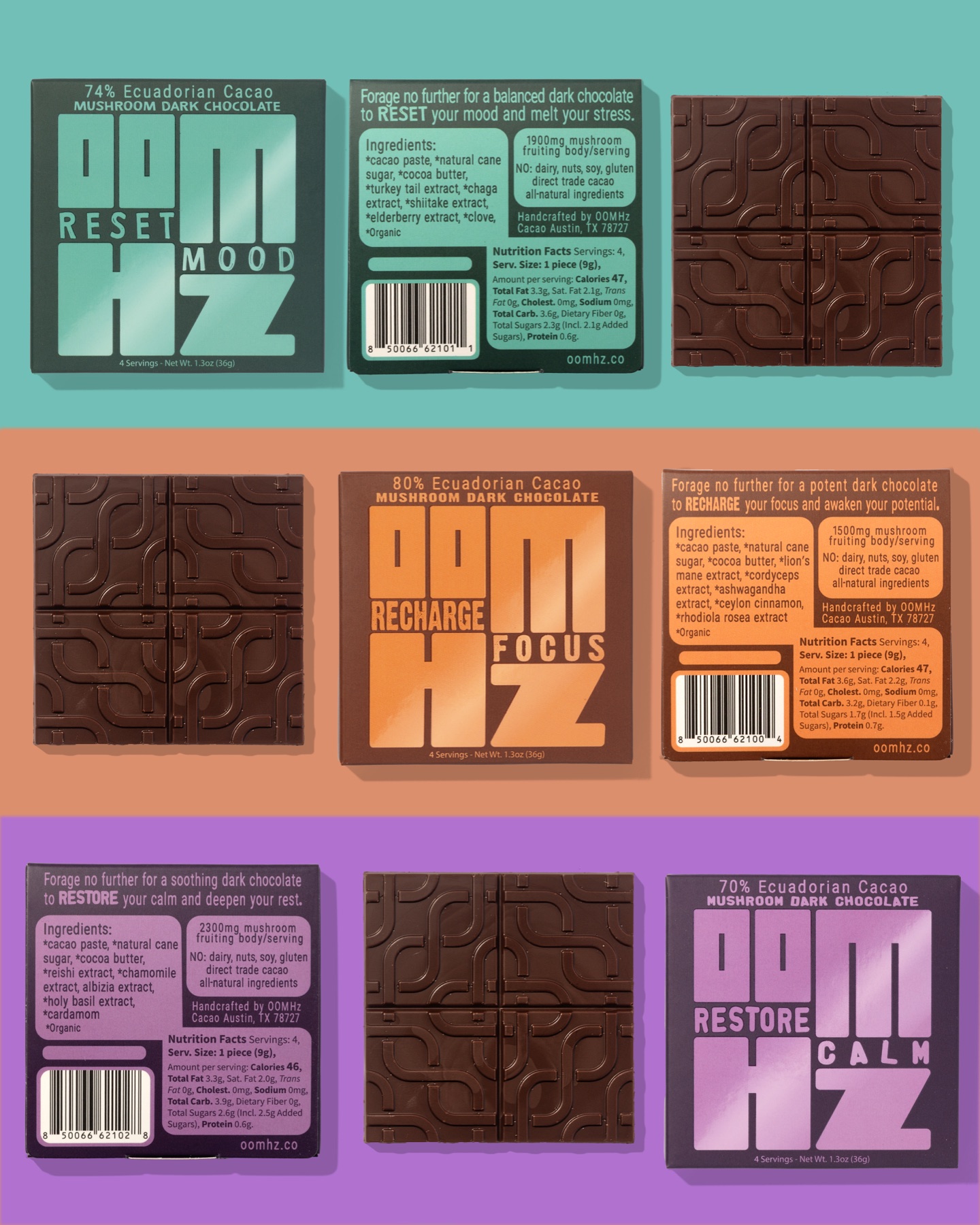 Front, back and molded chocolate views of the Reset, Recharge and Restore flavors