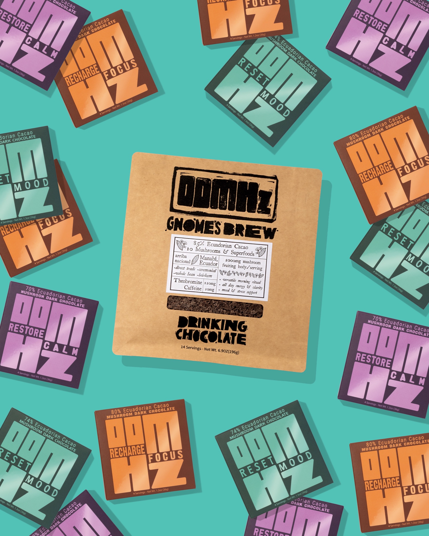 Gnome’s Brew pouch photographed among the three OOMHz chocolate flavors