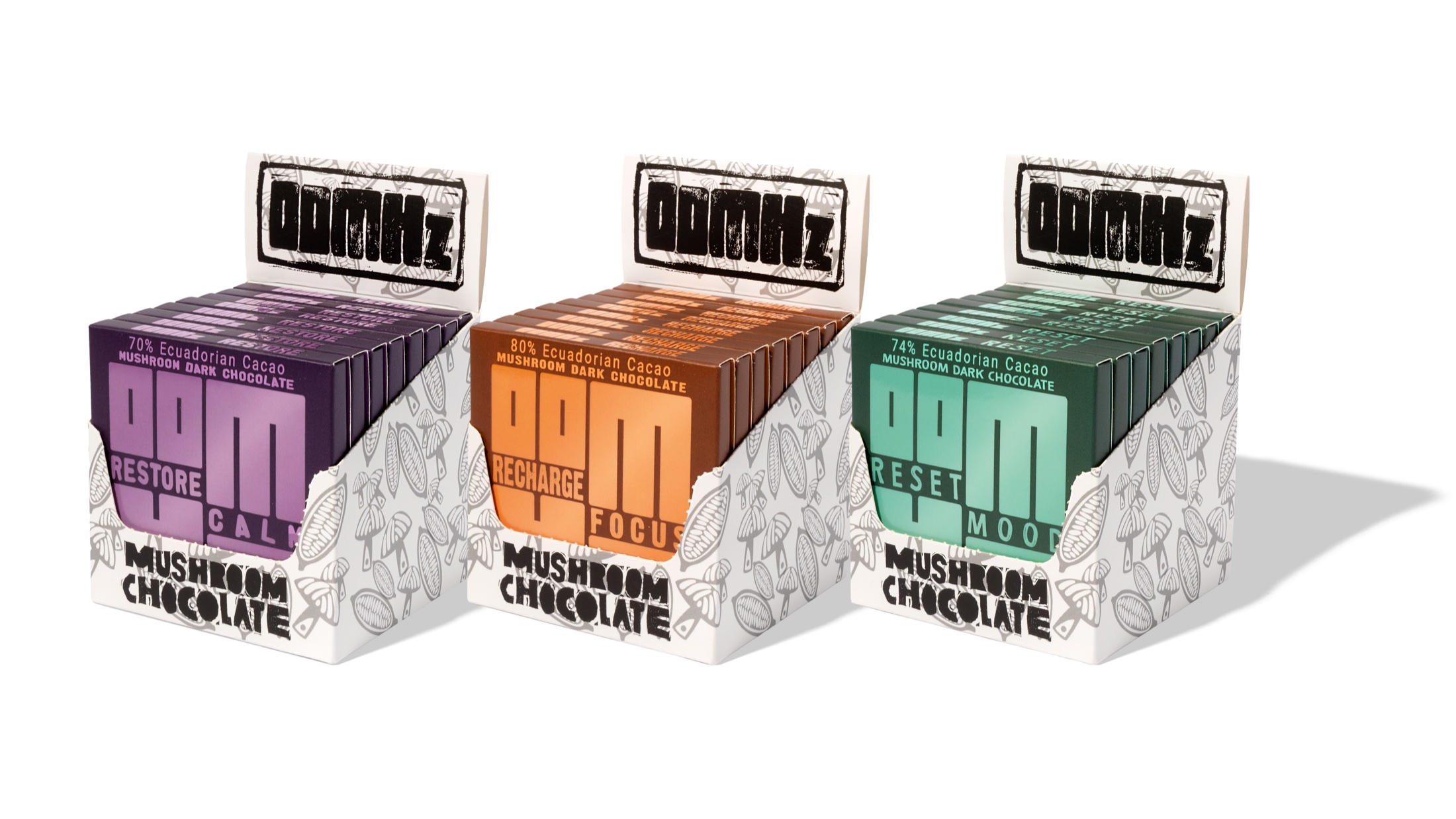 Recharge, Restore and Reset retail display cartons filled with OOMHz chocolate boxes