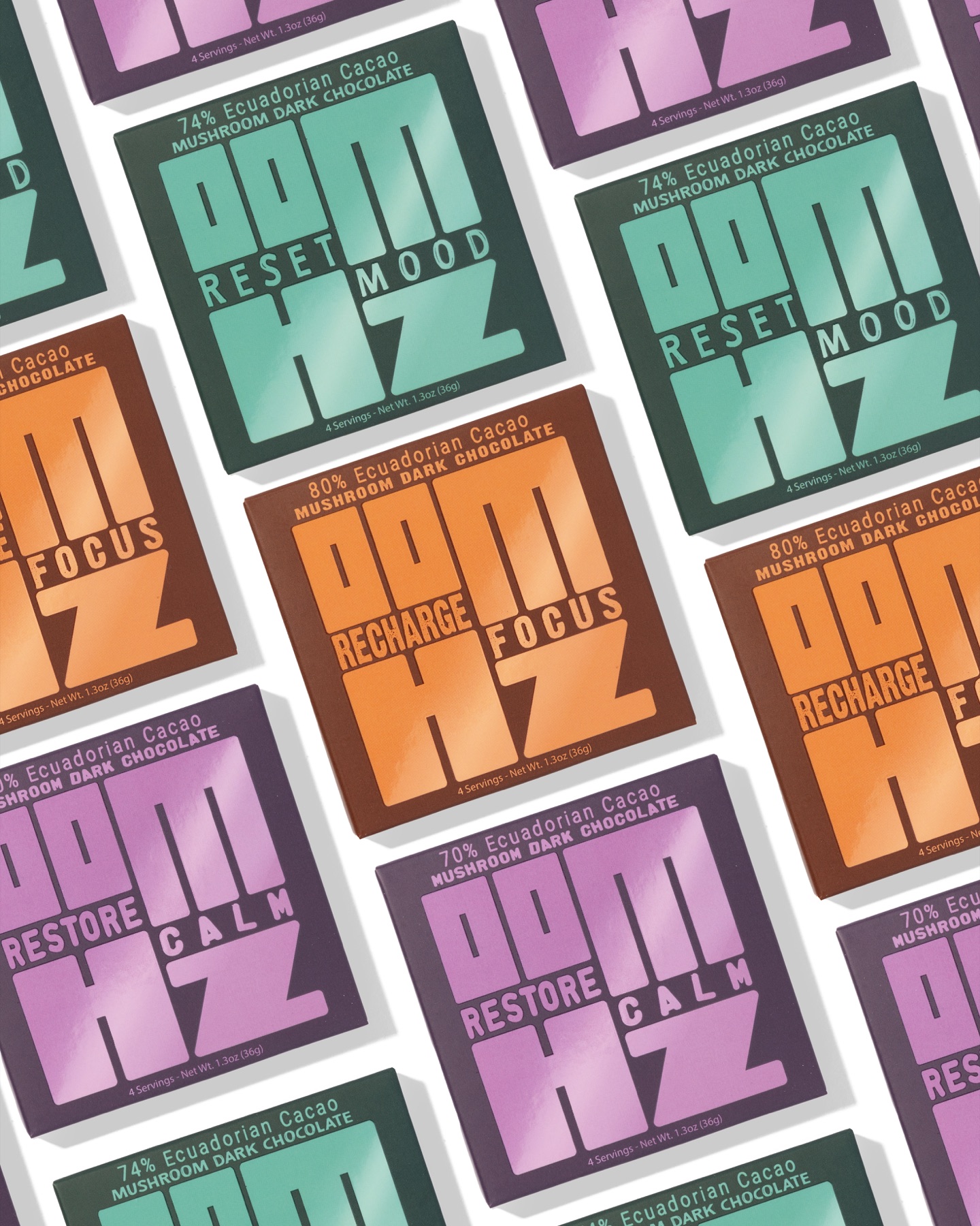 OOMHz chocolate bars tiled in a graphic arrangement